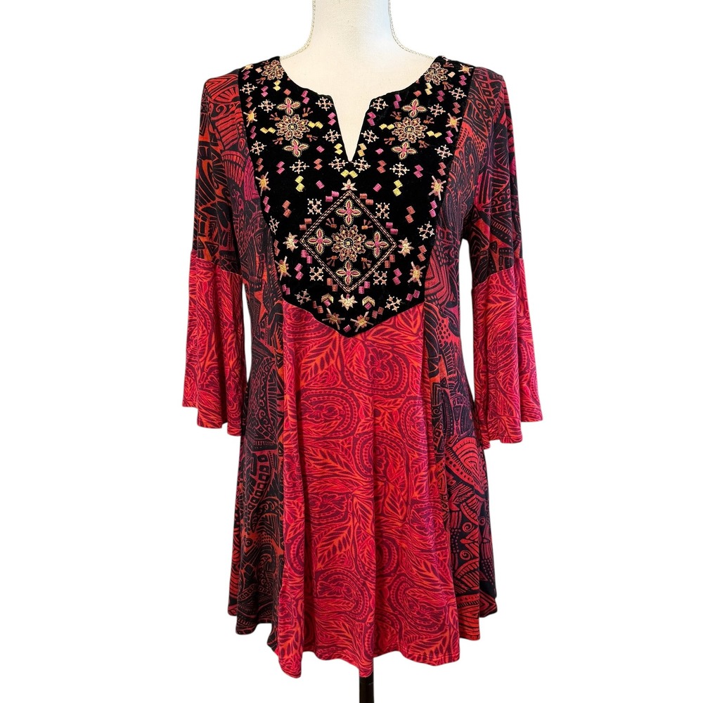 Soft Surroundings Red Black Paisley Velvet Embroidered Bell‎ Sleeve Tunic Top M